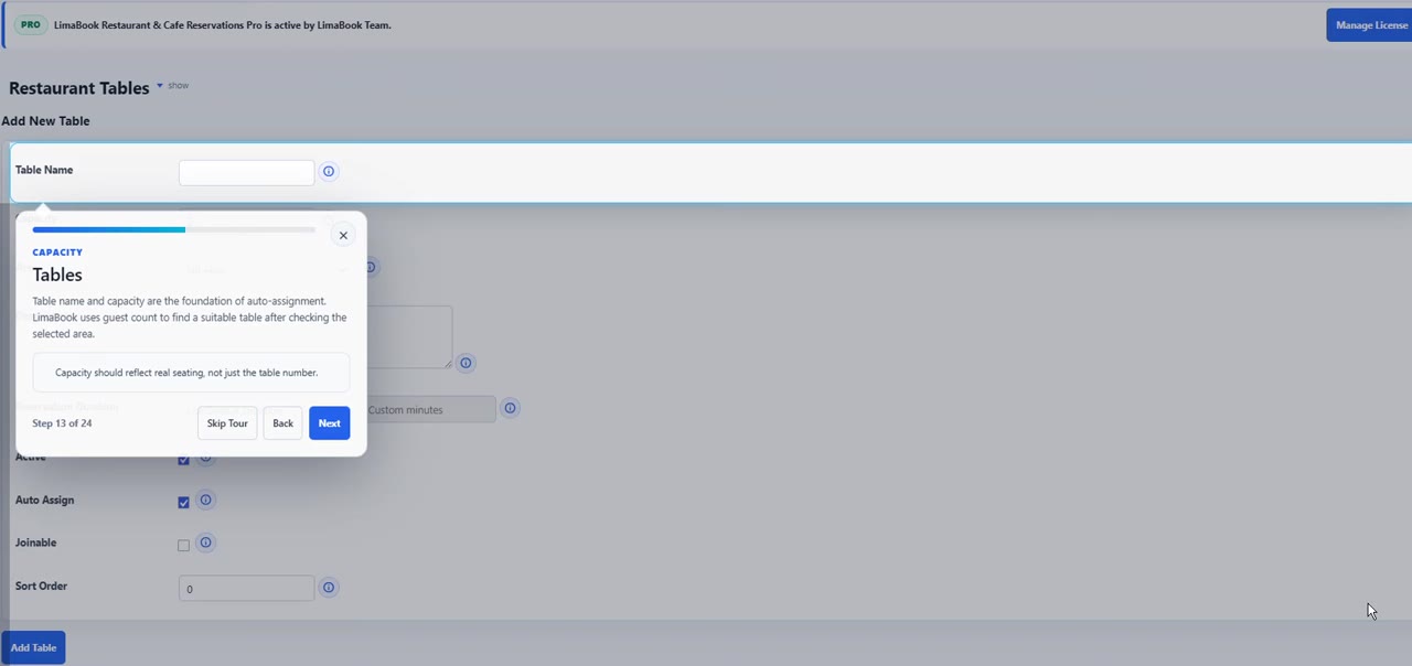LimaBook Restaurant & Cafe Reservations' built-in guided walkthrough, shown mid-tour over the Closures settings page