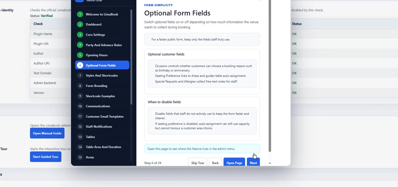 LimaBook Restaurant & Cafe Reservations' built-in Manual Guide, showing the Optional Form Fields topic with an Open Page shortcut