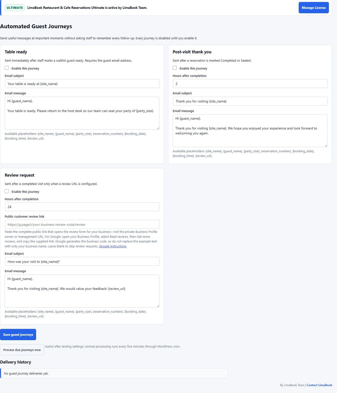 LimaBook Pro automated guest journeys for table-ready, thank-you and review messages