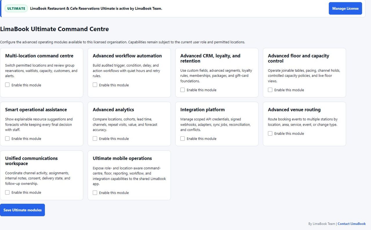 LimaBook Ultimate Command Centre with multi-location, workflow, CRM, capacity and analytics modules